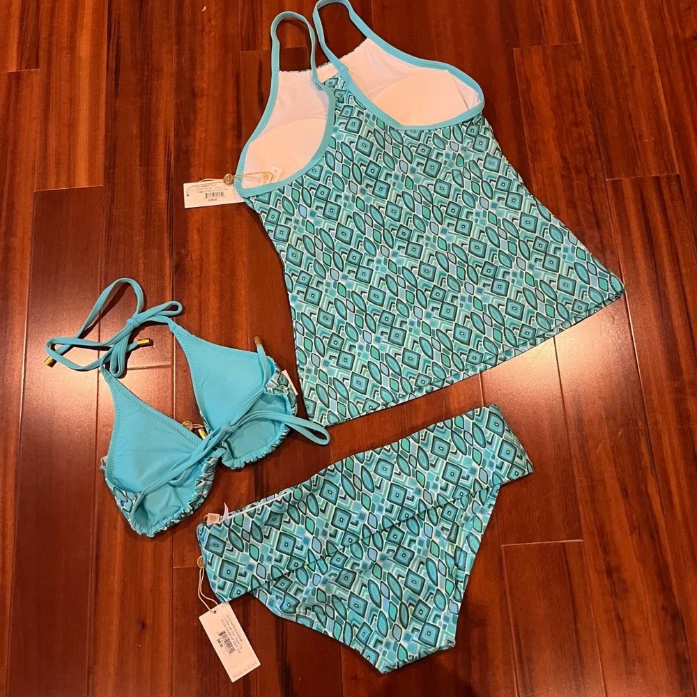 Helen Jon Bikini Tankini Set Swim Costa del Sol 3pc Swimsuit Reversible Blue XS‎